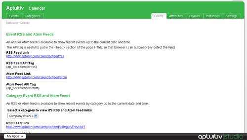 Calendar RSS and Atom feed information in Aptuitiv Studio