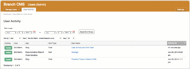 A screenshot of the User Activity table in Branch CMS