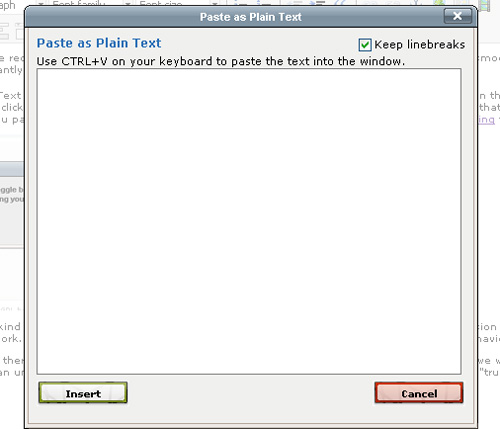 Paste as Plain Text popup box